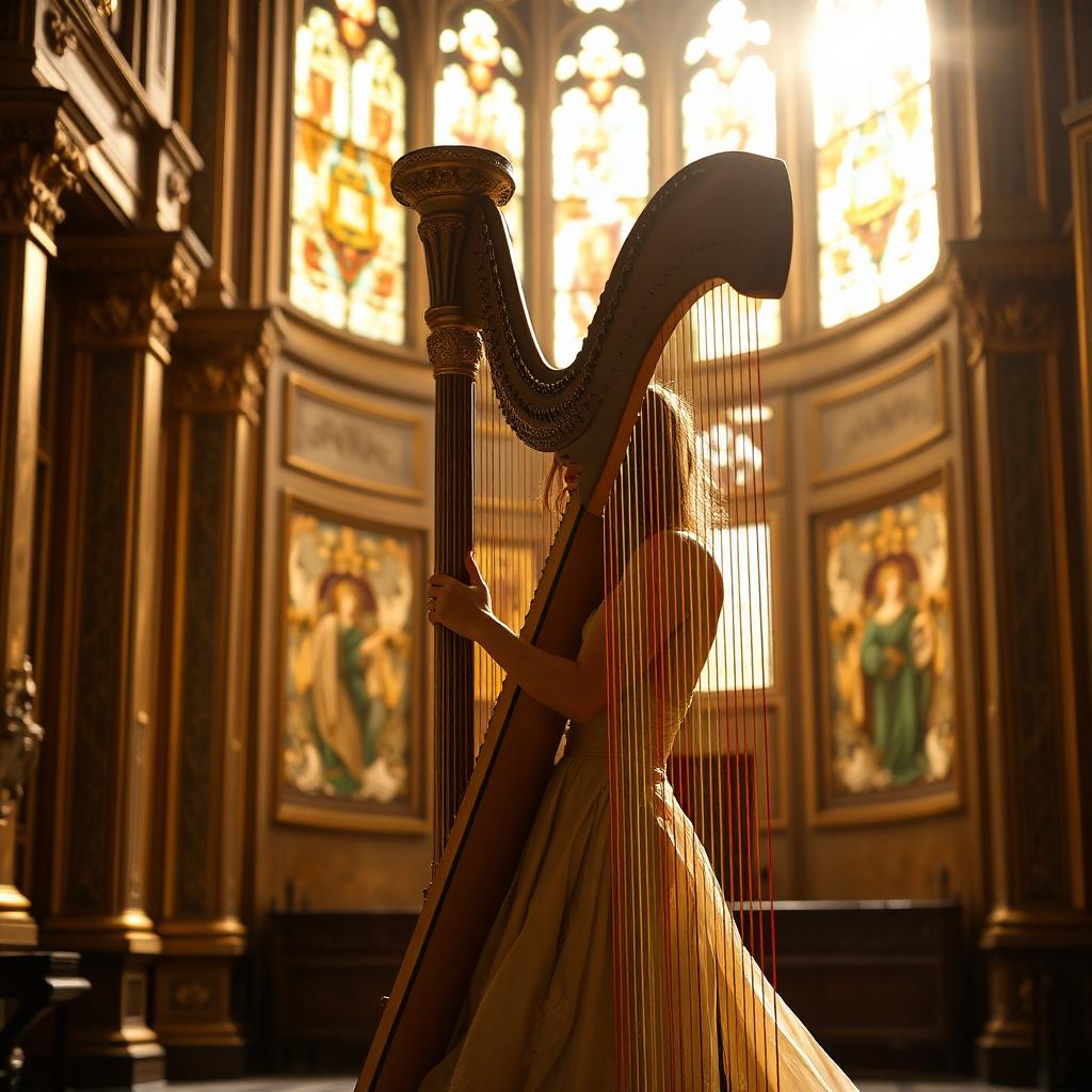 Marsha Long performing harp in a gilded church interior