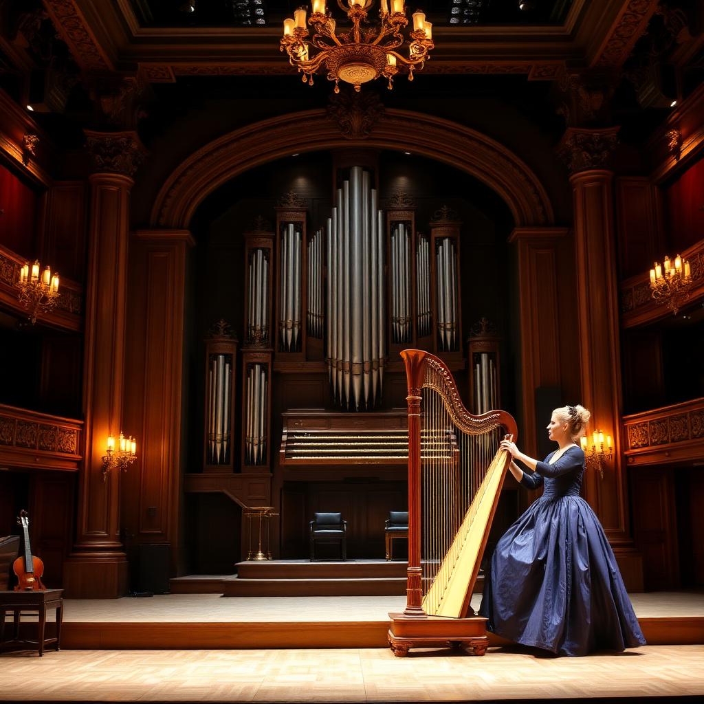 Chamber concert stage with harp and organ