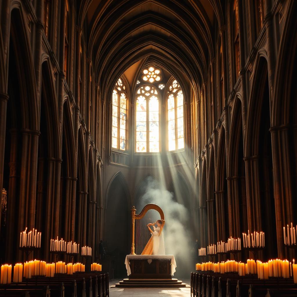 Cathedral nave during liturgy with harp and candles
