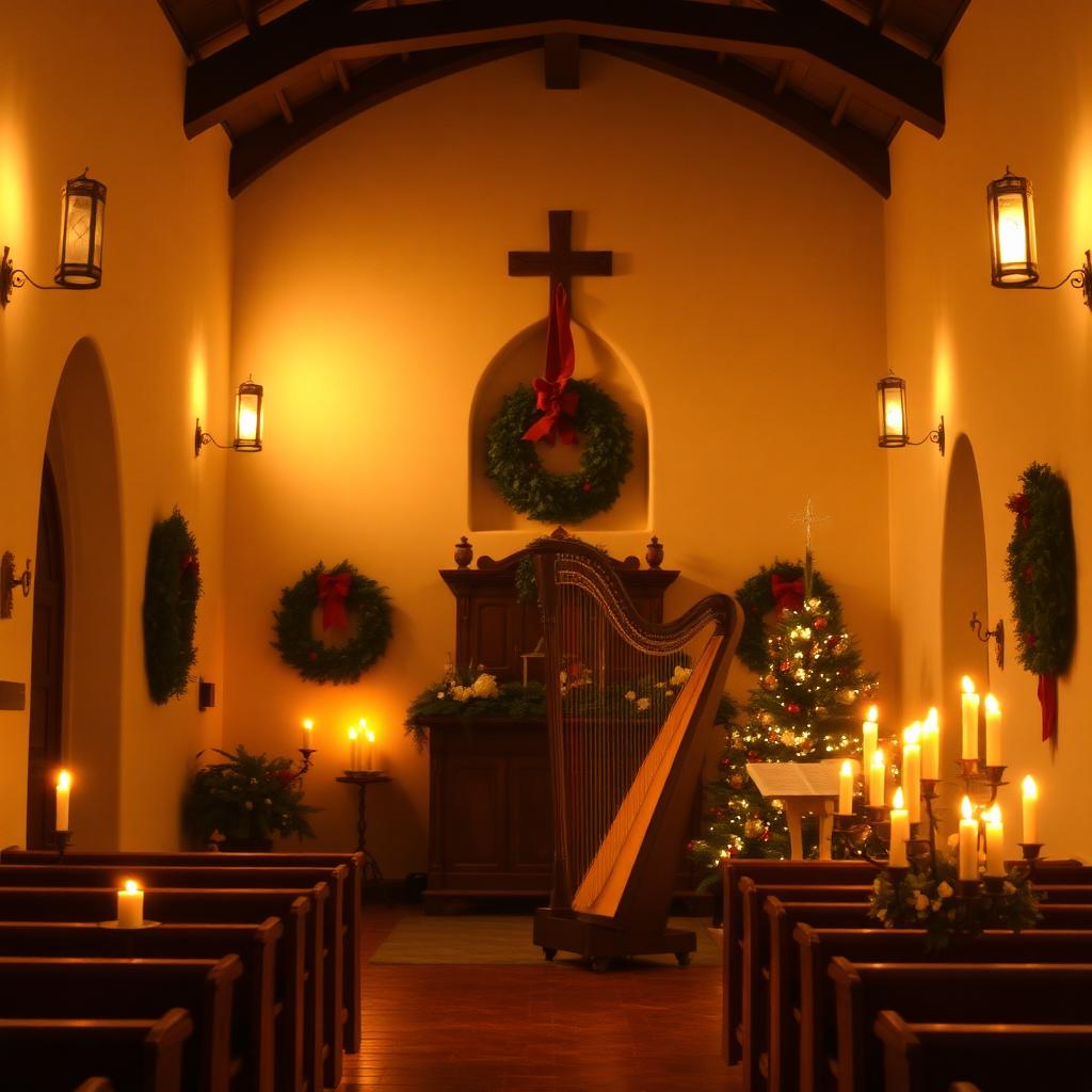 Candlelit mission chapel at Christmas with harp